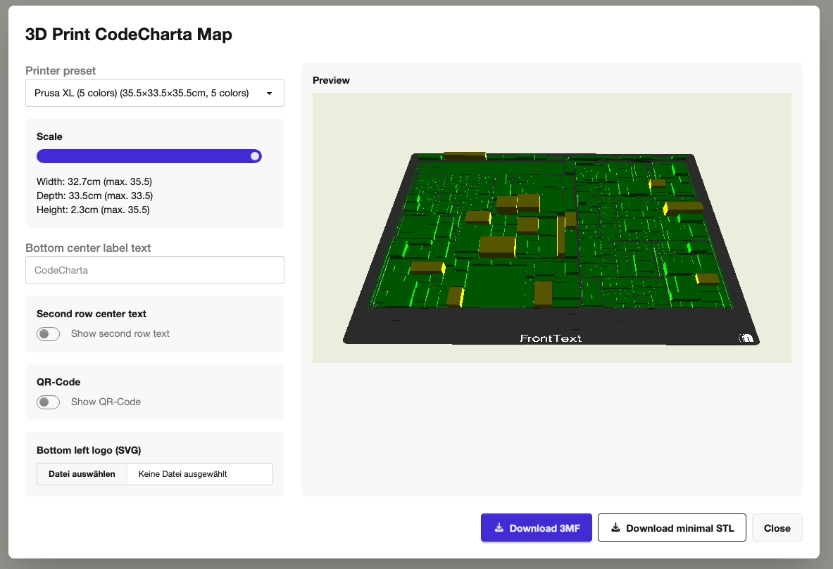 The 3D Print CodeCharta Map dialog