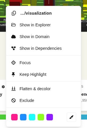 The context menu of a folder with the path, view jumps, Focus, Keep Highlight, Flatten, Exclude and folder colors