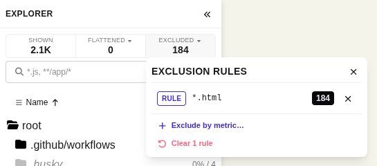 The exclusion rules list with one rule for *.html that excludes 184 buildings