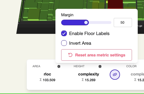 The Area metric settings popover