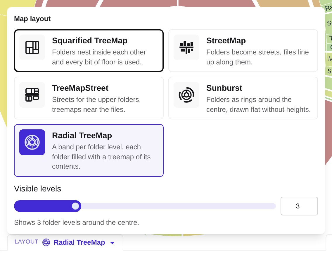 The layout picker with the Visible levels slider
