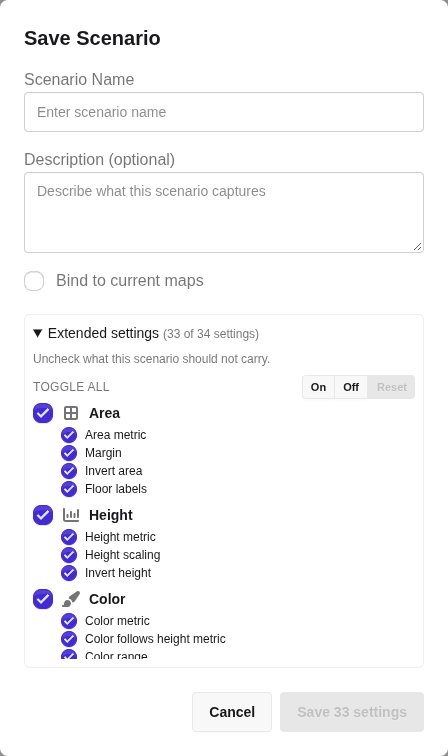 The Save Scenario dialog with name, description, Bind to current maps and the extended settings open