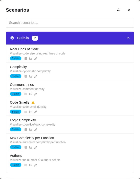 The Scenarios list with the seven built-in scenarios, one of them with a warning