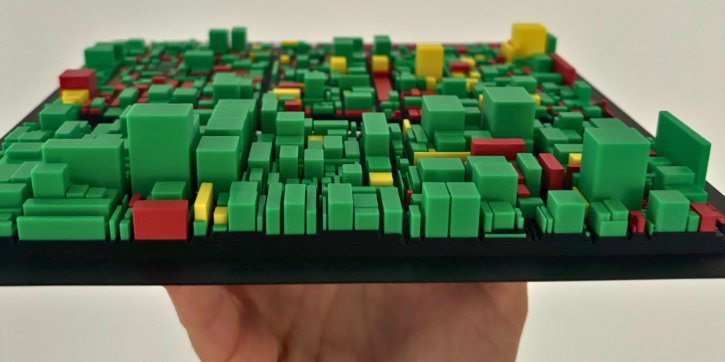 A 3D-printed CodeCharta city held in one hand